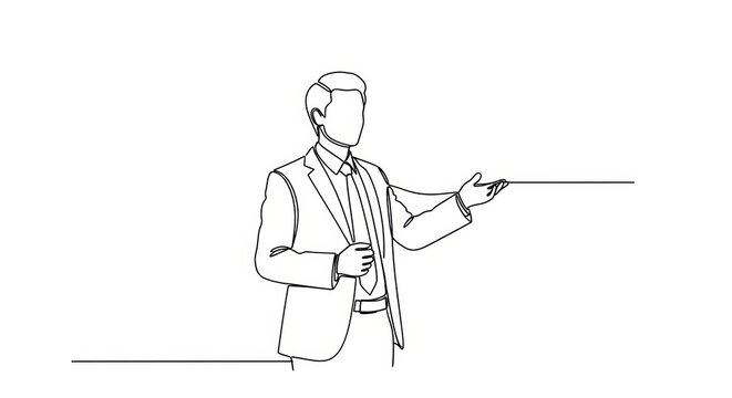 Businessman presenting, continuous line drawing, minimalist, white background