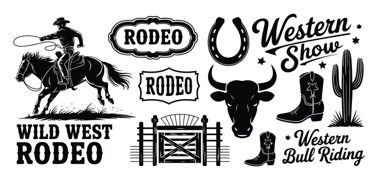 Vintage Wild West rodeo graphics set featuring western show icons with lasso cowboy silhouette and rustic design pack for retro event posters and flat vector.