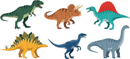 Detailed Colorful Dinosaur Vector Collection Featuring T-Rex Triceratops and Spinosaurus for Childrens Education Books Prehistoric World Graphics and Science Museum Themed Projects © MD