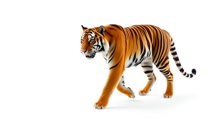 Obraz premium A tiger walking with determination, its long, powerful strides contrasted against a clean white background, highlighting its grace