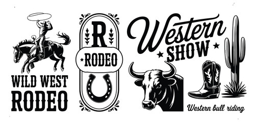 Obraz premium Vintage Wild West rodeo graphics set featuring western show icons with lasso cowboy silhouette and rustic design pack for retro event posters and flat vector.
