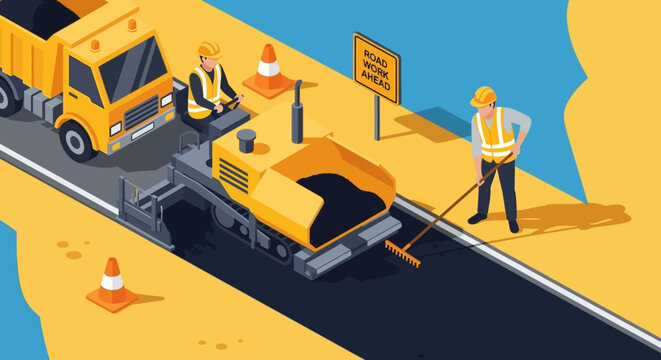 Road Construction Scene with Workers, Paver, and Dump Truck