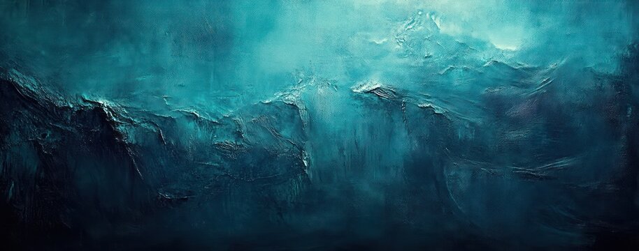 textured teal seascape with rocky cliffs shrouded in mist, deep blue waves and brooding tranquility