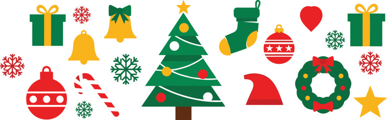 Obraz premium Christmas Decoration Collection with Tree Ornaments Wreath Gift Boxes Snowflakes and Festive Holiday Symbols Vector Illustration Set