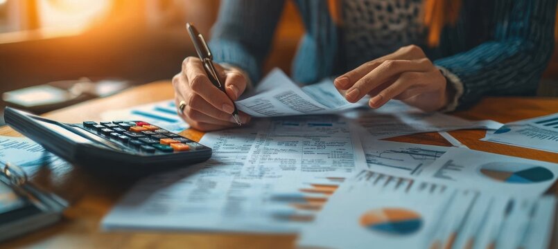 close-up of a person&rsquo;s hands sorting financial documents and charts with a calculator and pen on a wooden desk in warm light conveying focused concentration and diligent work