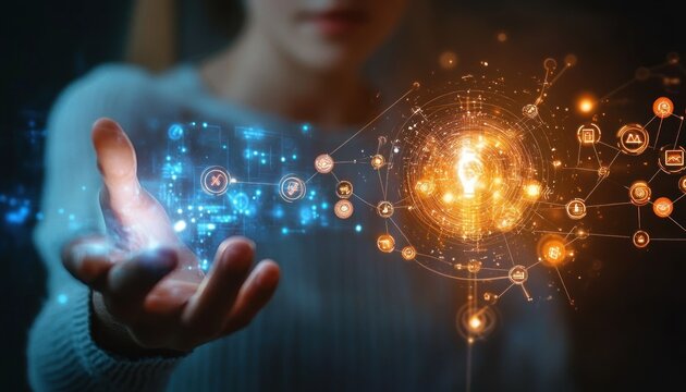 outstretched hand of a person presenting a glowing orange hub and blue digital network holograms with a blurred figure in the background, evoking wonder and technological innovation