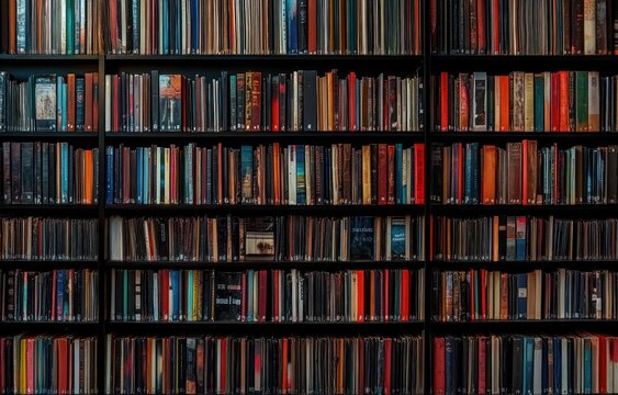 wall of colorful book spines on dark shelves in a cozy library setting, orderly rows evoking calm curiosity and a love of reading