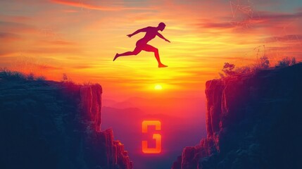 Obraz premium silhouette of a person leaping across a canyon at a vibrant sunset with a glowing number three in the chasm, evoking determination and freedom