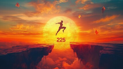 Obraz premium Silhouette leaping across a canyon gap toward a giant glowing sun with floating geometric kites and orange clouds, number 225 evoking dramatic hope and determination