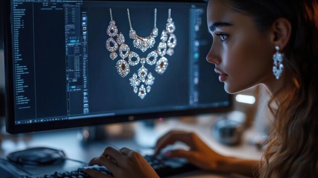 Focused designer editing sparkling gemstone necklace images on a desktop monitor, hands on keyboard and a person wearing a dangling earring in a dim studio workspace