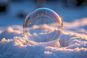 Fototapeta premium A delicate soap bubble rests on soft snow, reflecting colorful light and a serene winter atmosphere at sunset.