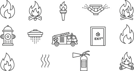 Fototapeta premium Fire Emergency and Safety Line Icon Collection with Hydrant Extinguisher Alarm Exit Flame and Rescue Symbols Vector Illustration