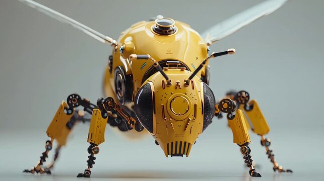 3D Animation of Yellow Bee Robot on White Background Suitable for Robotics Branding
