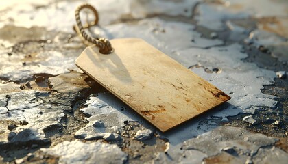 A shiny metal tag on a reflective surface