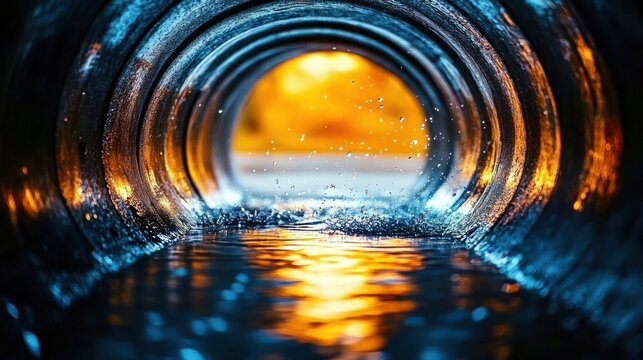 inside a wet metal pipe with rippling blue water and splashing droplets, warm golden light glowing at the tunnel exit, dramatic reflective textures and a hopeful mood