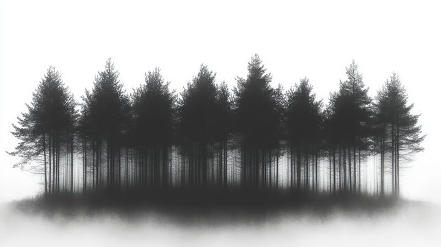Silhouetted pine forest rising from dense fog on a white background, serene yet mysterious atmosphere