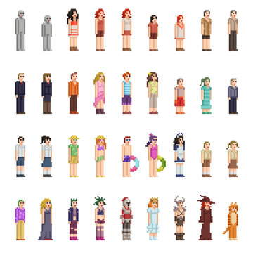 pixel art isolated background of various human npc videogame