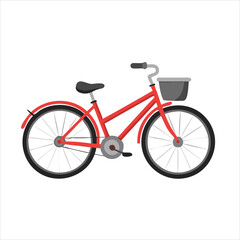 Fototapeta premium Red Bicycle with Basket and Spoked Wheels Isolated on White Background Stock Illustration
