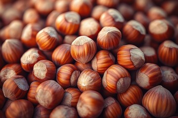 Obraz premium close-up pile of whole hazelnuts in shells with warm rustic tones evoking cozy autumn abundance