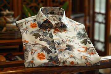 Fototapeta premium Folded, floral patterned shirt resting on a wooden railing in a room with traditional chinese decor, showcasing fashion and interior design