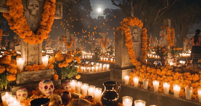 A vibrant cemetery scene at night, adorned with countless candles and orange marigold flowers for a Day of the Dead celebration under a full moon.