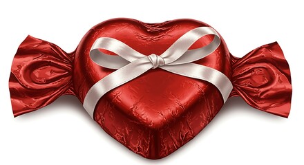 Red heart shaped candy with white ribbon tied around it on white background