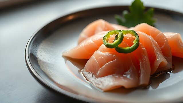 hyperboloid. A ceramic plate with fresh sashimi slices, garnished with green chili rings, minimalist presentation. menu design.
