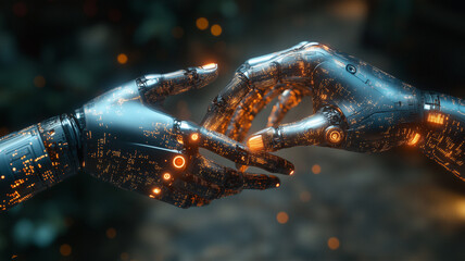 Artificial intelligence linking hands, human and robot connection, future technology development, cyborg and digital data