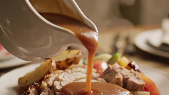 Savory brown gravy pouring from white ceramic boat, roasted meat and potatoes dinner, traditional holiday meal service
