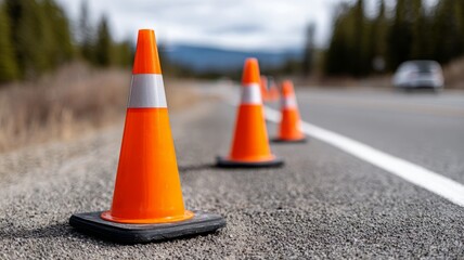Traffic cones lined up on rural roadside with blurred background