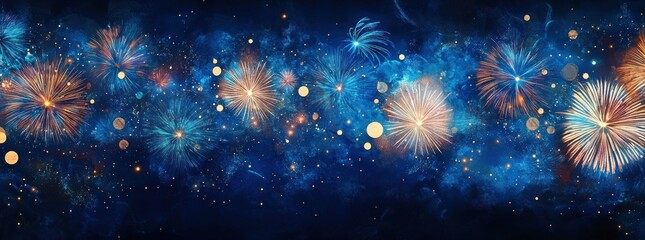 Fototapeta premium panoramic blue night sky filled with golden and turquoise fireworks bursting in a festive joyful celebration