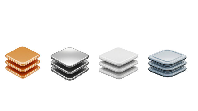 Four Stacked Square Icons in Different Metallic Colors.