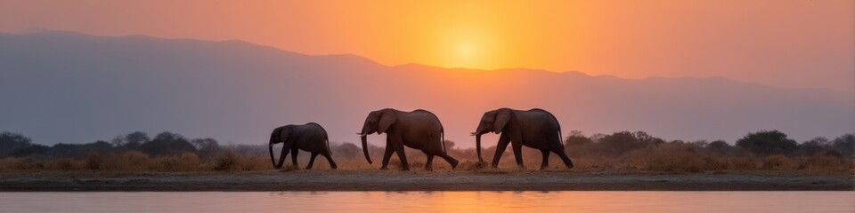 Fototapeta premium Elephants sunset savannah silhouette tranquil herd of three elephants walking along the grassland at golden dusk with distant mountains