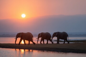 Fototapeta premium Elephants sunset water silhouettes herd walking along shoreline reflection calm scene african savanna dusk peaceful landscape