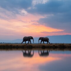 Elephants sunset reflection river silhouette on calm savannah landscape with pastel sky and mirrored water at dusk showcasing majestic wildlife and tranquil horizon