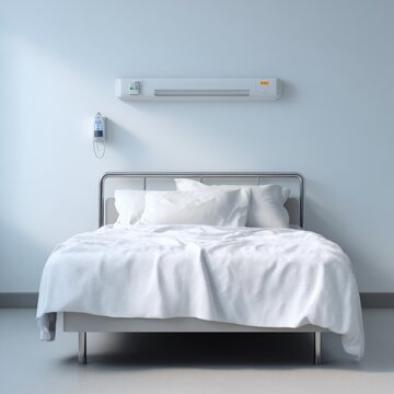 Hospital bed centered white bedding tidy pillows wall mounted monitor iv port pale blue clinic room minimal medical interior for patient rest and observation