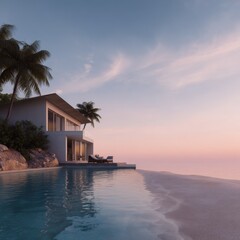 Fototapeta premium Modern beach house with infinity pool at sunset pastel sky palm trees calm sea luxury coastal retreat