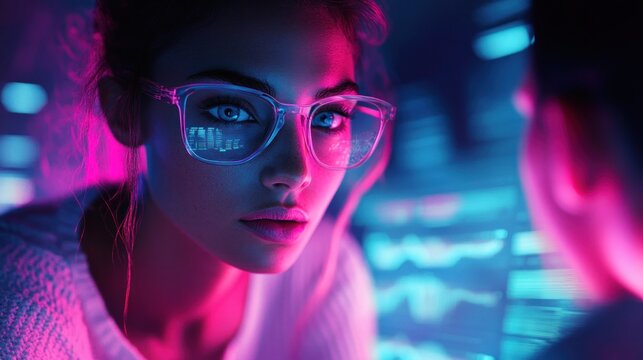 Two professionals bathed in pink and blue neon light leaning toward a glowing data screen, focused and collaborative while analyzing charts and code