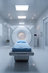 Fototapeta premium Magnetic resonance imaging scanner sterile frontal clinical mri room centered patient table pillow blue linens bright overhead lights diagnostic equipment