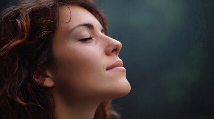 Fototapeta premium A serene woman closes her eyes embracing the rain and experiencing a moment of deep gratitude and peace outdoors