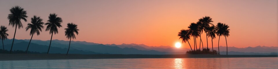 Wide panoramic tropical sunset with clustered palm silhouettes on a tiny islet and distant mountain range glowing orange at dusk