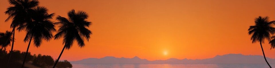 Tropical sunset panorama with tall palm silhouettes framing a fiery orange sky and distant mountain horizon on a serene beach palm sunset coastal scene