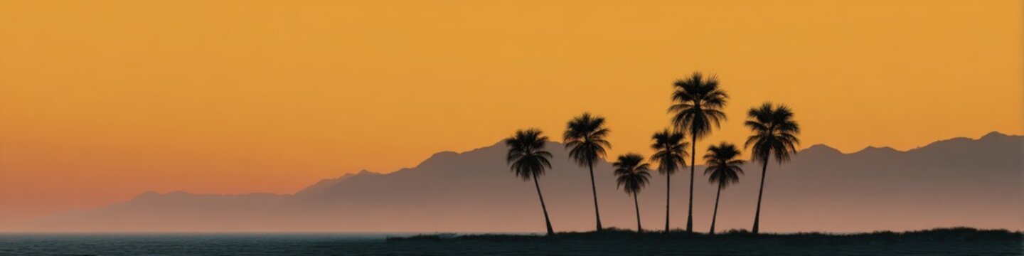 Wide panoramic tropical sunset with distant palm silhouettes along a low shoreline and layered mountain horizon creating a minimal sunset palm beach landscape panorama