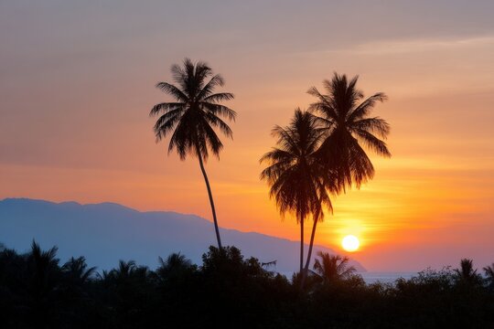 Sunset palm framed sun ocean horizon golden glow coastal silhouette with twin coconut trees and distant mountains at dusk