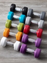 Obraz premium Colorful set of dumbbells neatly arranged on wooden floor