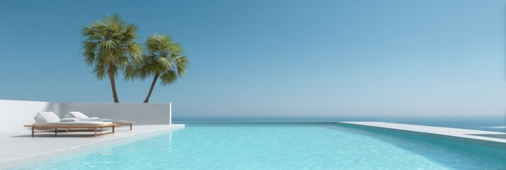 Fototapeta premium Infinity pool sweeping terrace two palm trees ocean horizon minimalist luxury calm bright sky