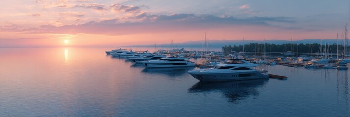 Naklejka premium Sunrise marina panorama with luxury yachts moored along calm water at golden morning light and distant harbor silhouette