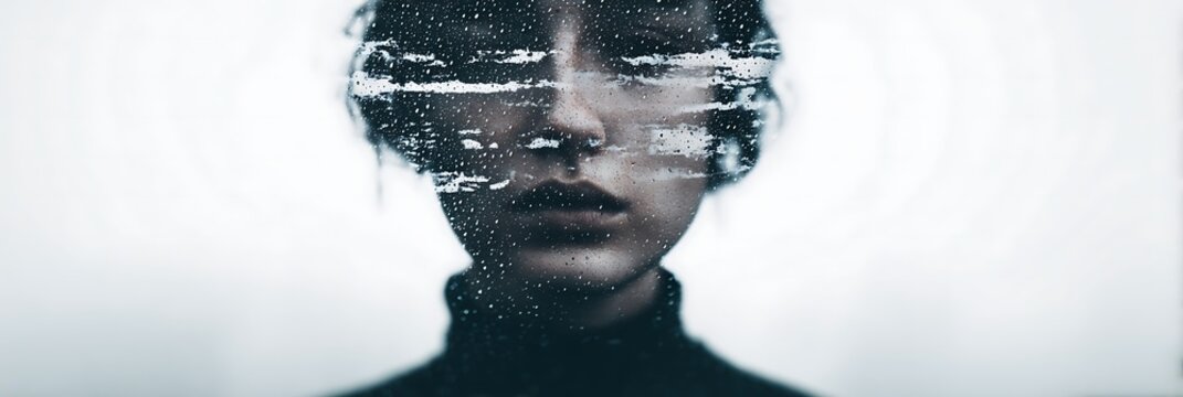 A blurred, monochrome portrait of a person behind a scratched glass pane, evoking mystery and introspection.