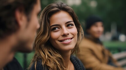 Obraz premium A young woman with wavy brown hair smiles warmly at a companion while sitting outdoors on a bench with another person blurred in the background