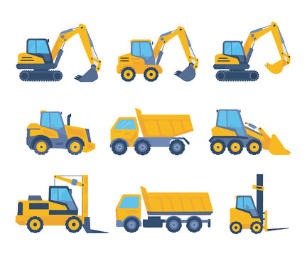 Set of isolated yellow and blue heavy construction excavators and trucks on white